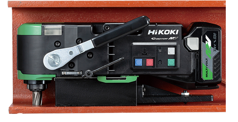 Hikokiコードレス磁気ボール盤は200mmH形鋼フランジに穴あけが可能