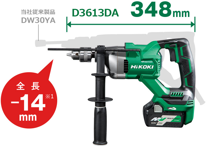 D3613DAは全長348mmで、当社従来製品DW30YA（AC製品）と比較して14mm短い