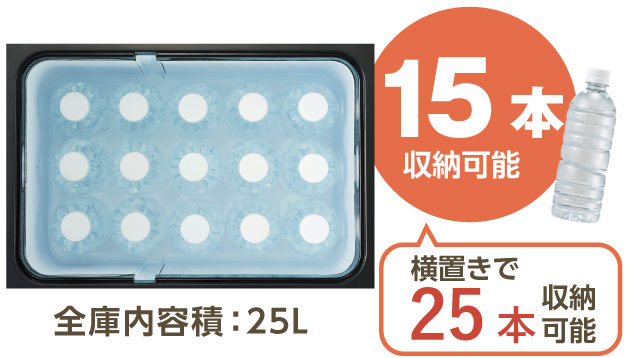 500mlペットボトル15本収納可能、横置きで25本収納可能、全庫内容積:25L