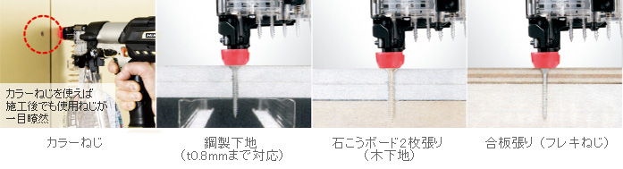 カラーねじ、鋼製下地、石こうボード2枚張り（木下地）、合板張り（フレキねじ）などに対応