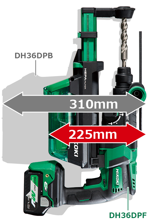 集じんシステムを取付けたボディ部の高さは、DH36DPA（従来製品）が310mm、DH36DPFが225mm