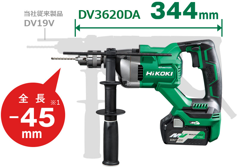 D3613DAは全長344mmで、当社従来製品DV19V（AC製品）と比較して45mm短い