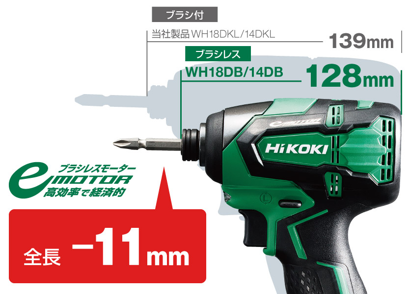 当社製品WH18/14DKL（全長139mm）と比較し、全長が11mm短くなりました。（WH18/14DBの全長128mm）