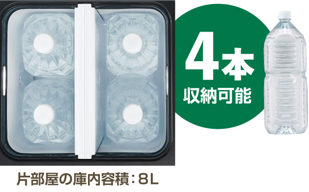 2Lペットボトル4本収納可能、片部屋の庫内容積:8L