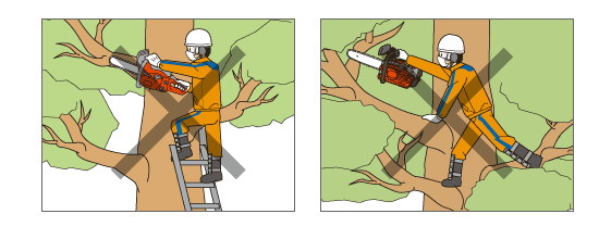 木の上、２メートル以上の高所、はしごを使用、片手持ち、腕を伸ばしての操作での作業は禁止